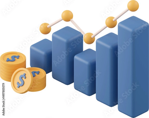 Obraz Growth graph and coin, 3d illustration of isometric icon import and export concept