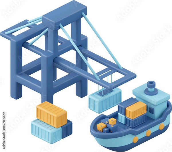 Obraz Port with cargo ship, 3d illustration of isometric icon import and export concept