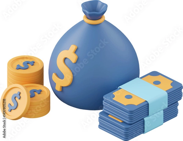 Obraz Dollar coin, banknote and money bag, 3d illustration of isometric icon import and export concept