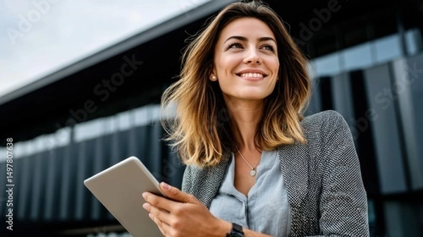 Fototapeta A beautiful business woman, wearing a blazer, holds a tablet and looks up with a bright smile.