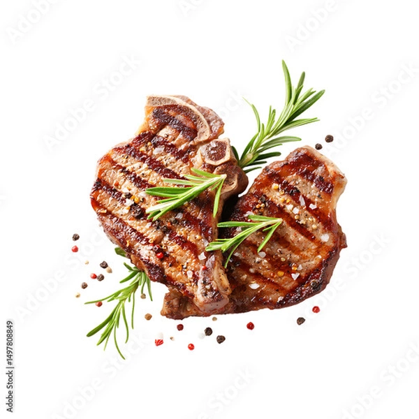 Fototapeta Grilled and sliced beef steak with rosemary isolated on a transparent background.