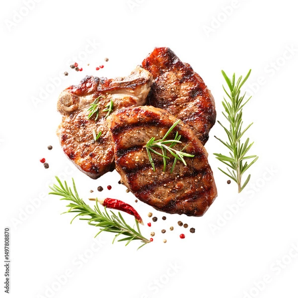 Fototapeta Grilled and sliced beef steak with rosemary isolated on a transparent background.