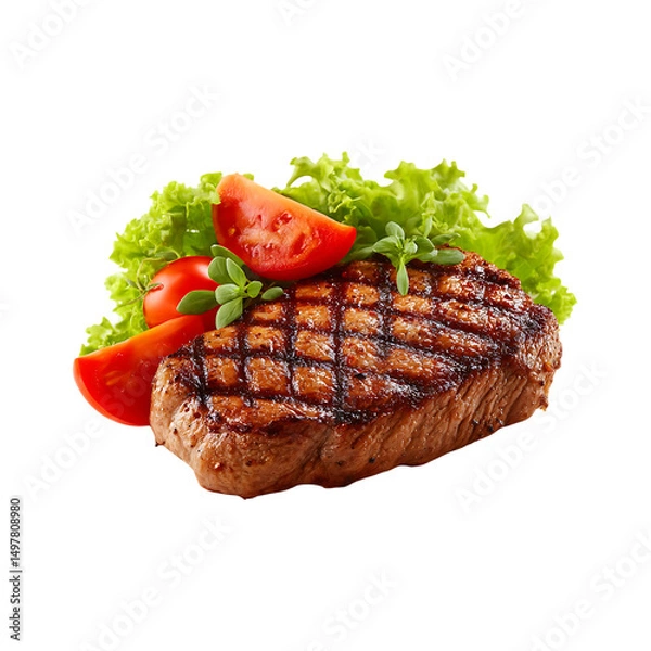 Fototapeta Grilled and sliced beef steak with rosemary isolated on a transparent background.