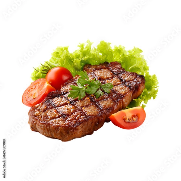 Fototapeta Grilled and sliced beef steak with rosemary isolated on a transparent background.