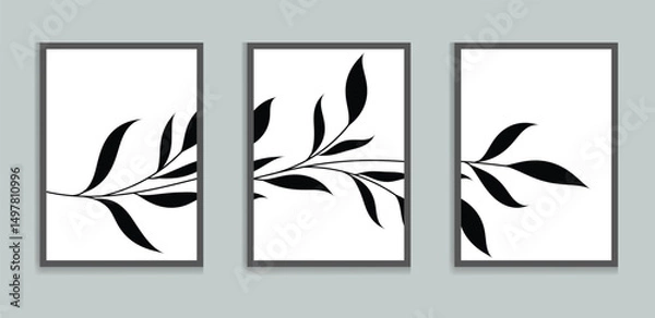 Fototapeta Minimalist Botanical Triptych Wall Art Black Leaves on White 