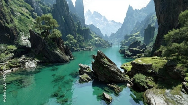 Fototapeta Majestic Emerald River Gorge Carved Through Towering Limestone Cliffs