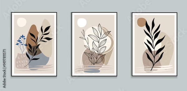 Fototapeta Minimalist Botanical Triptych Wall Art Black Leaves on White 