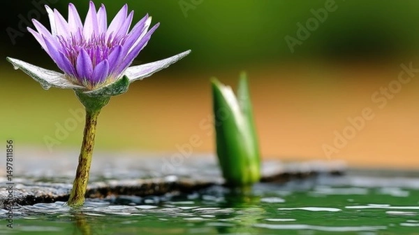 Fototapeta Lily Pad Bloom: A Surreal, Dew-Kissed Reflection of Nature's Beauty