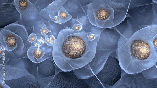 Fototapeta Intricate Fractal Blue Blooms with Golden Core - Abstract Art & Design Element