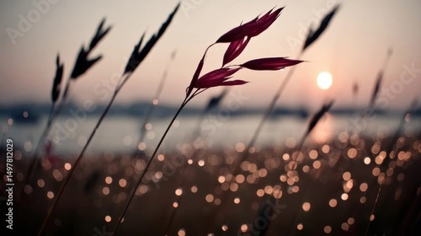Fototapeta Golden Light Through Tall Grasses at Dusk - A Dreamy and Serene Coastal Scene
