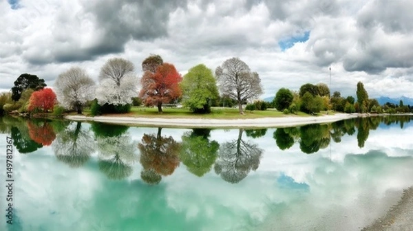 Fototapeta Autumn Reflection: Vibrant Trees Mirroring in Tranquil Lakeside Scene