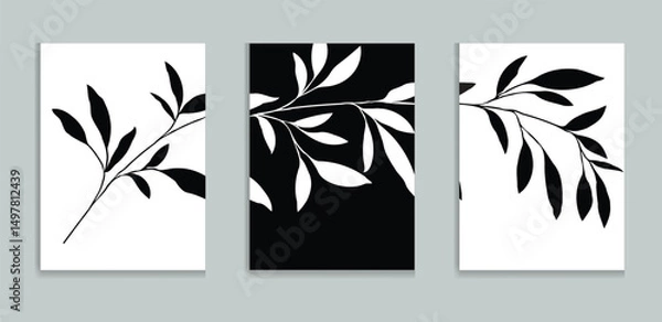Fototapeta Minimalist Botanical Triptych Wall Art Black Leaves on White 