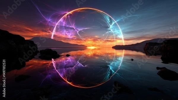 Fototapeta Surreal Aurora Borealis Reflection Over Tranquil Lake Landscape