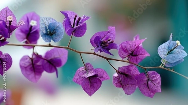 Fototapeta Purple Bougainvillea Branch Close-up with Soft Background