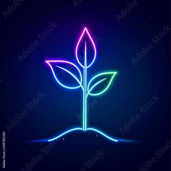 Fototapeta Abstract glowing stylized plant seedling sprouting from soil