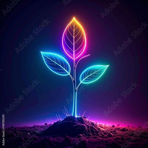 Fototapeta Abstract glowing colorful plant seedling sprouting from soil