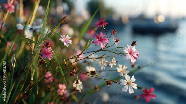 Fototapeta Delicate Wildflowers Bloom by Gentle Waterscape, Soft Focus