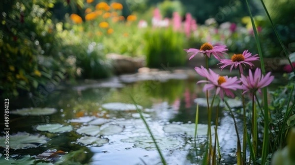 Fototapeta A tranquil pond with lily pads and purple coneflowers in a lush garden.