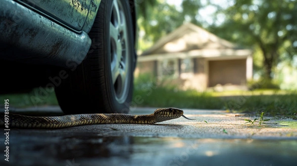 Fototapeta Dangerous snake on the ground street driveway near a car wheel 
