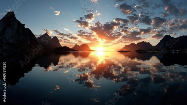 Fototapeta Dramatic Sunset Over Mountain Lake with Fiery Sky and Reflection