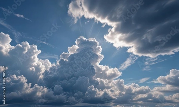Fototapeta Deep blue sky, majestic clouds layered, creating depth ,  cloud formations,  landscape,  perspective