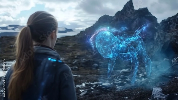 Fototapeta A futuristic AR game where players interact with holographic creatures in the real world 