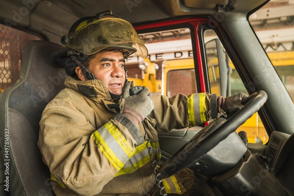 Fototapeta Firefighter driving a truck and talking on the radio to respond to a fire.
