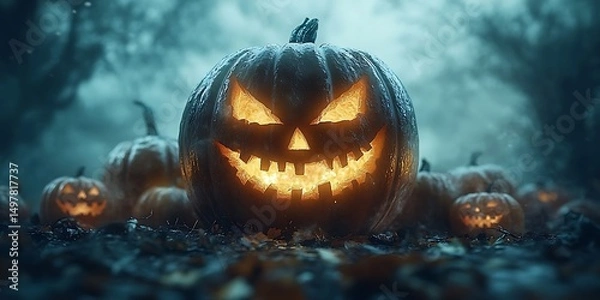 Fototapeta Jack-o'-lanterns in mystical forest