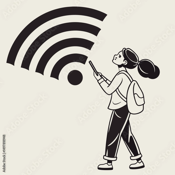 Obraz Young woman walking smartphone wireless connection wifi signal