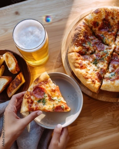 Fototapeta Overhead shot of beer and pizza slice being lifted, casual dinner scene, warm tones