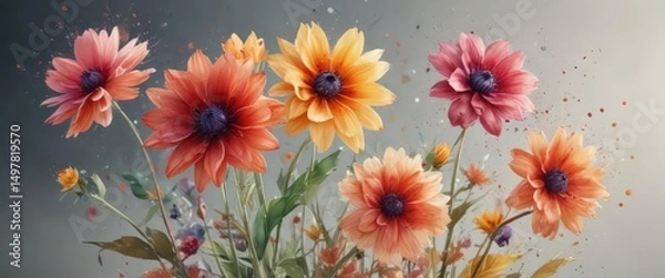 Fototapeta Exploding watercolor flowers, rich color palette,  painting,  colorful illustration,  background