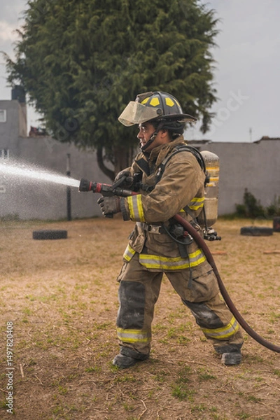Fototapeta Brave firefighter behind a curtain of water standing in an epic pose putting out a fire.