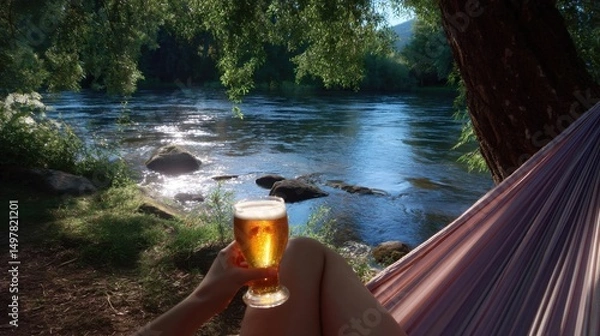 Fototapeta Riverbank moment with beer and hammock, relaxed natural setting, sunny tone