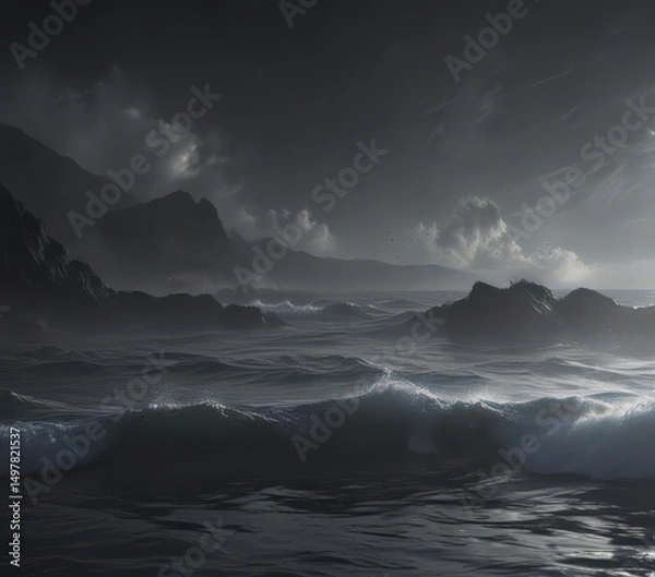 Fototapeta Ethereal mist rises from inky black ocean waves, soft focus , mist, black