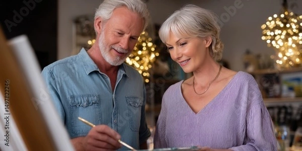 Fototapeta Senior couple enjoying hobby of painting at home studio