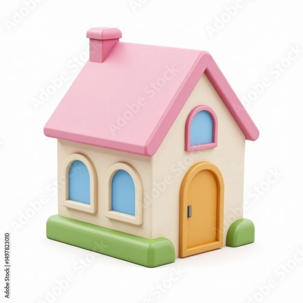 Fototapeta Charming Cartoon House 3D Illustration with Pink Roof and Cute Design, Isolated on White