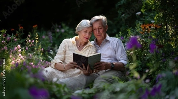 Fototapeta Senior couple reading together in a garden, relaxed, colorful flowers in background, summer mood