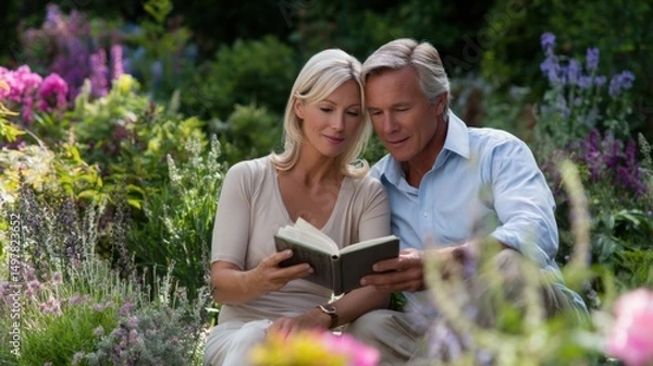 Fototapeta Senior couple reading together in a garden, relaxed, colorful flowers in background, summer mood