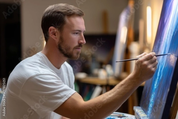 Fototapeta Side angle of artist working in stages, clear focus on techniques