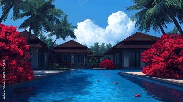 Fototapeta Tropical villa with private pool in a paradise like setting
