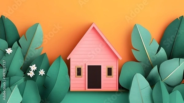 Fototapeta A paper art house surrounded by nature  long title A vibrant paper art composition depicting a