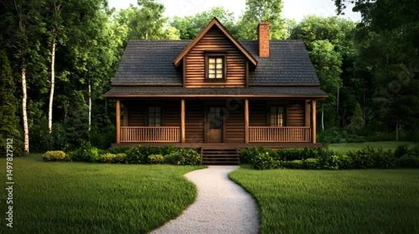 Fototapeta Rustic log cabin nestled in a lush forested landscape
