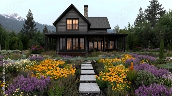 Fototapeta Charming rustic house surrounded by a flourishing garden in the countryside