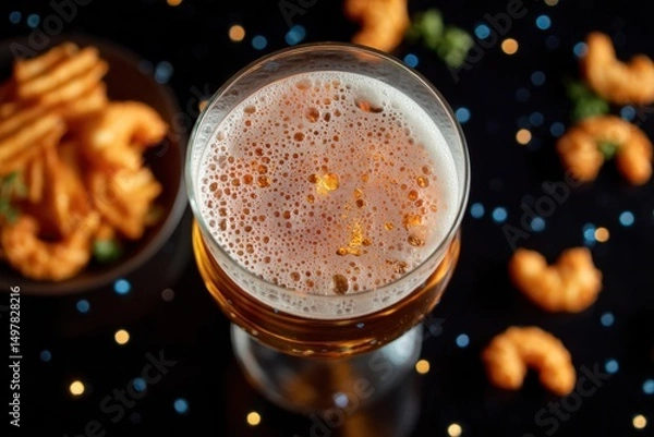 Fototapeta Top view of beer glass with spicy snacks around, vibrant colors, casual bar mood, perfect stock photo composition