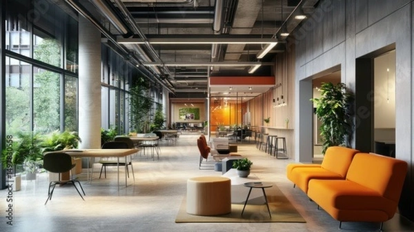 Obraz Bright, modern open office with plants, furniture, and collaborative spaces.