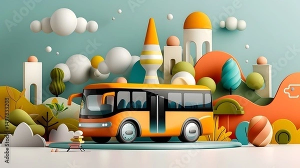 Fototapeta Colorful abstract bus in a whimsical landscape