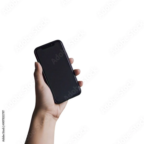 Fototapeta A person's hand holding a black smartphone with a blank screen against a black background in studio shot