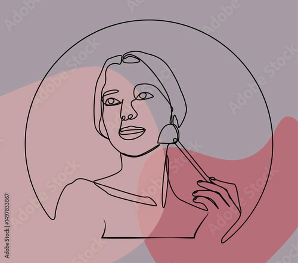 Fototapeta Minimalist continuous line drawing of a woman using a facial roller for her skincare routine. Elegant modern design with abstract background.