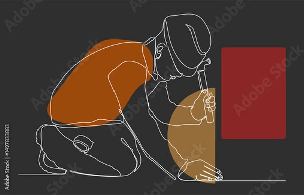 Fototapeta Continuous line drawing of industrial workforce with abstract shapes and dark background. construction, workplace safety posters, and skilled labor visuals