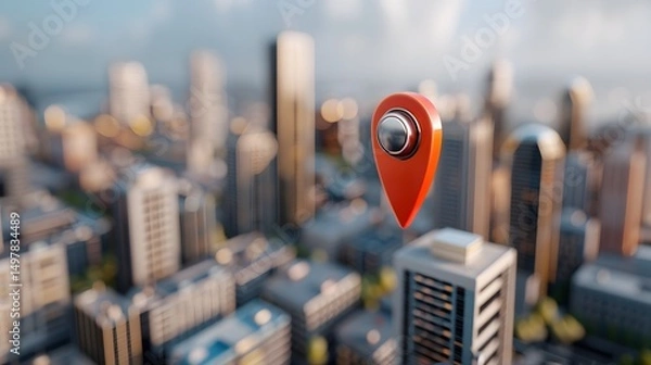 Fototapeta Panoramic view of a city skyline with a map pin marker